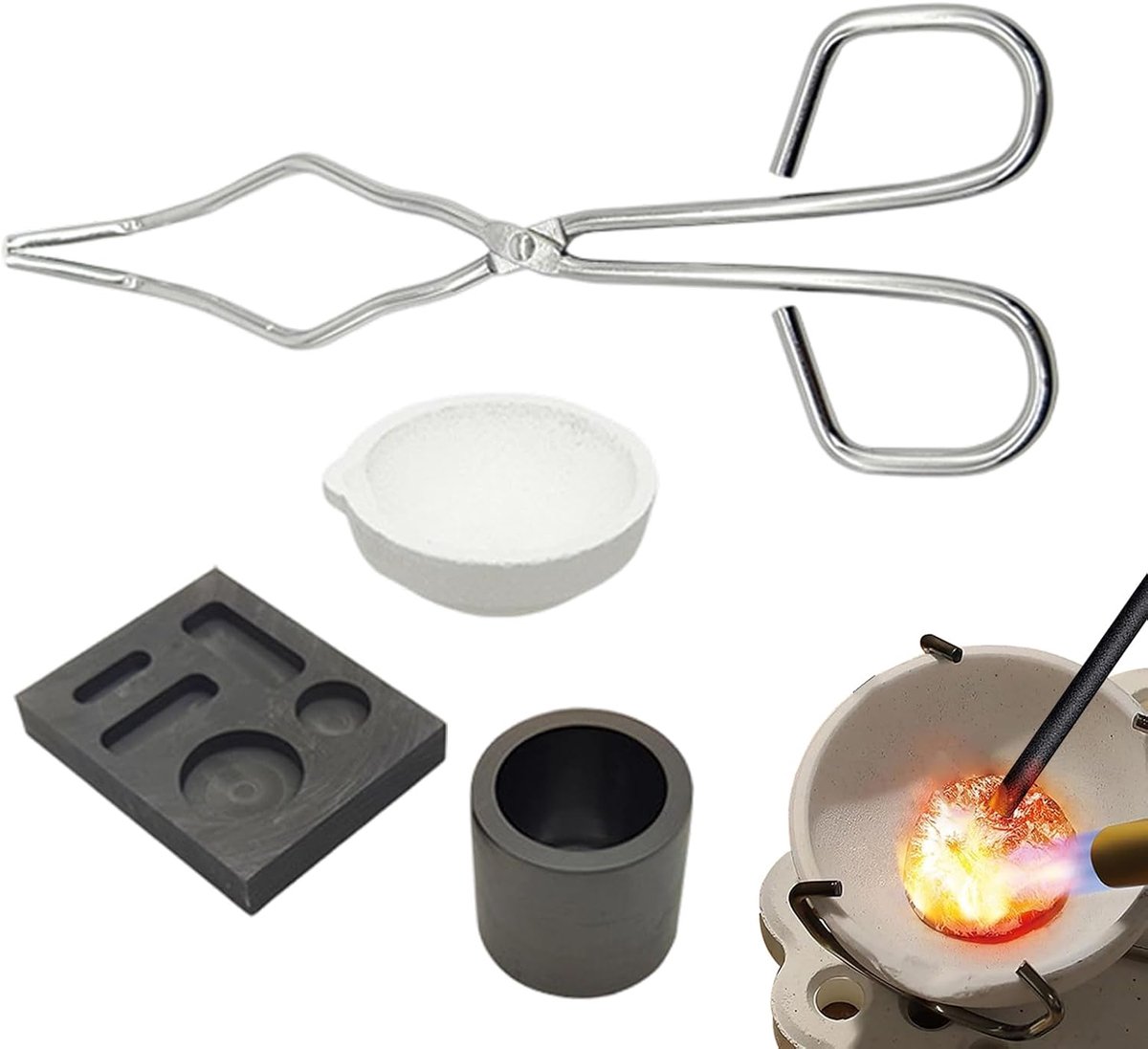 4-delig, draagbaar, hittebestendig gereedschap voor het gieten, smeltkroes, gietvorm, metalen gietset, voor beginners in het metaalhandwerk: gieten, vormen en repareren van ringen en