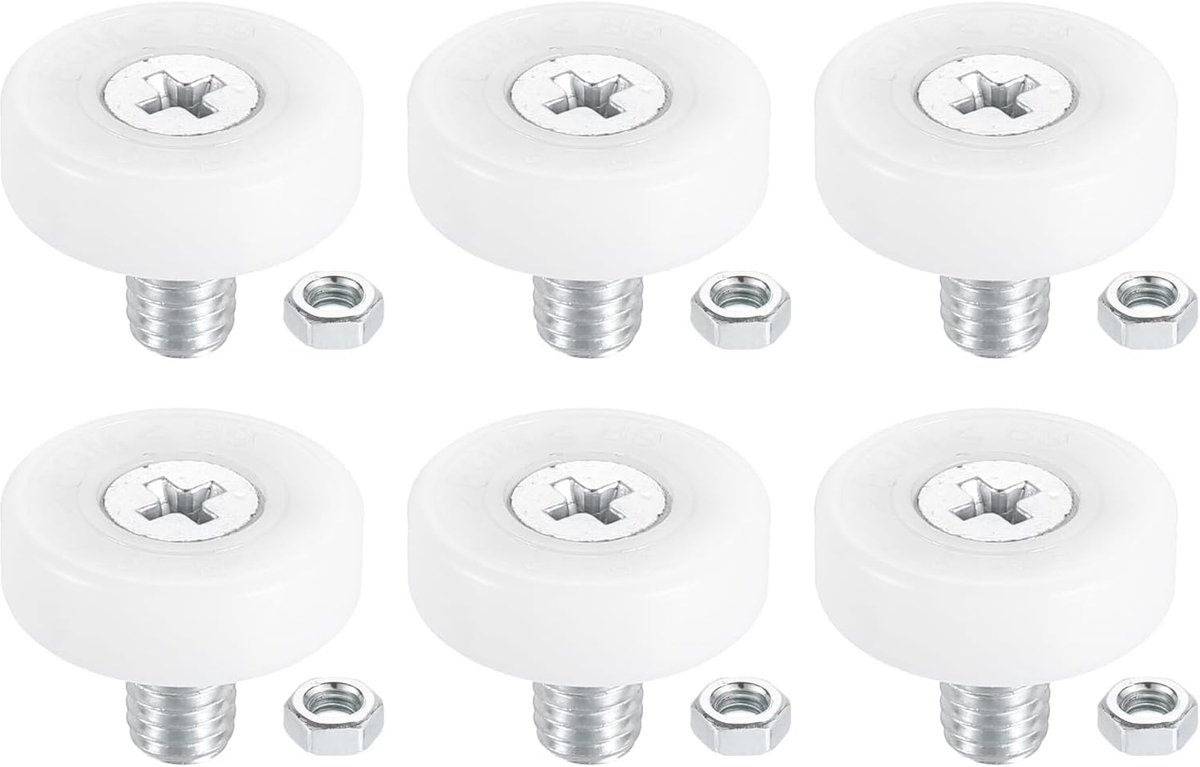 6 stuks ladewieltjes, ladeschijf van kunststof, 19 mm, glijwielen, geleiderail voor kleine lagerwielen, met moeren voor glijders, wit
