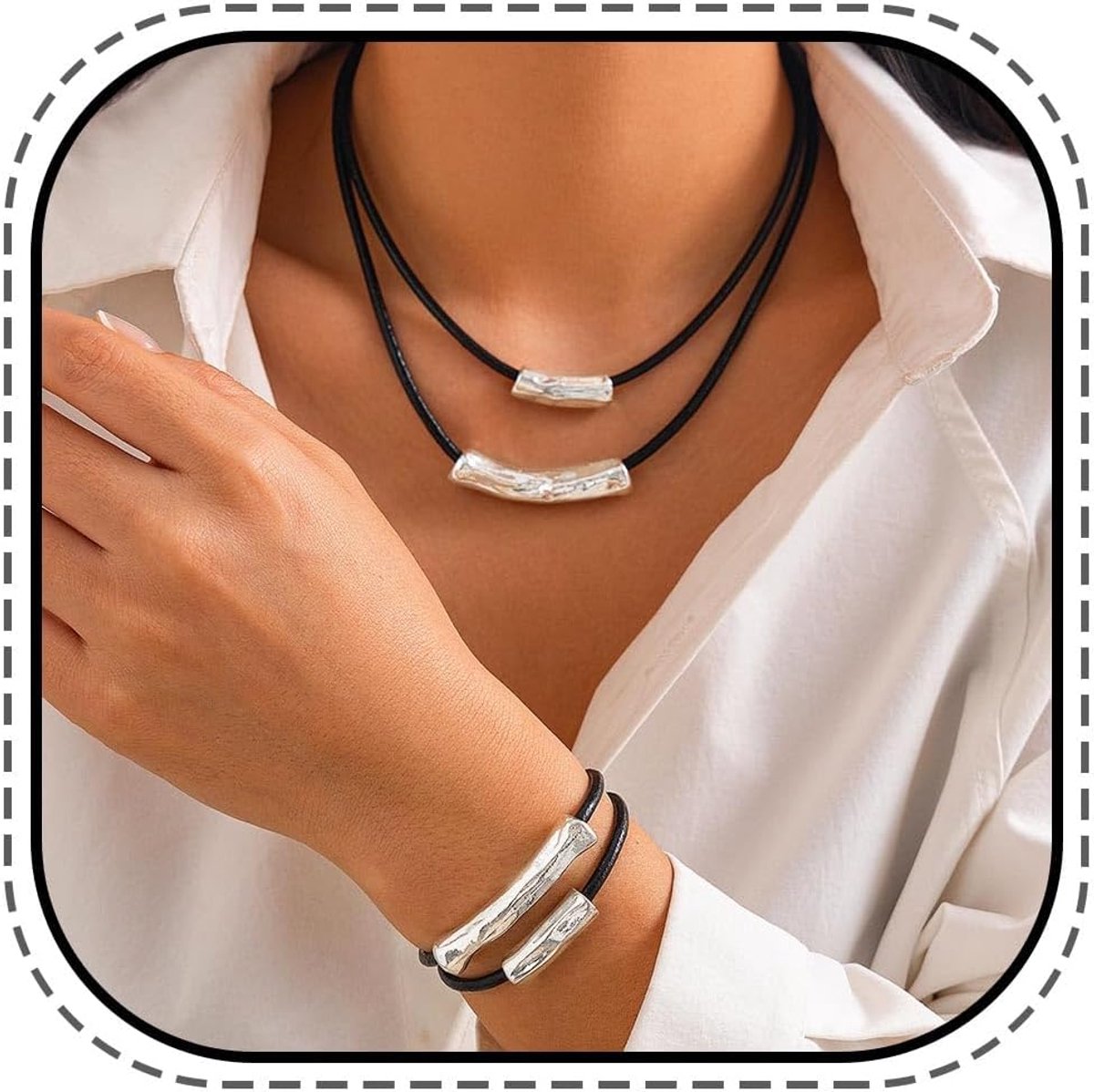 zwart, bar-choker, leren ketting en armband, voor vrouwen en meisjes