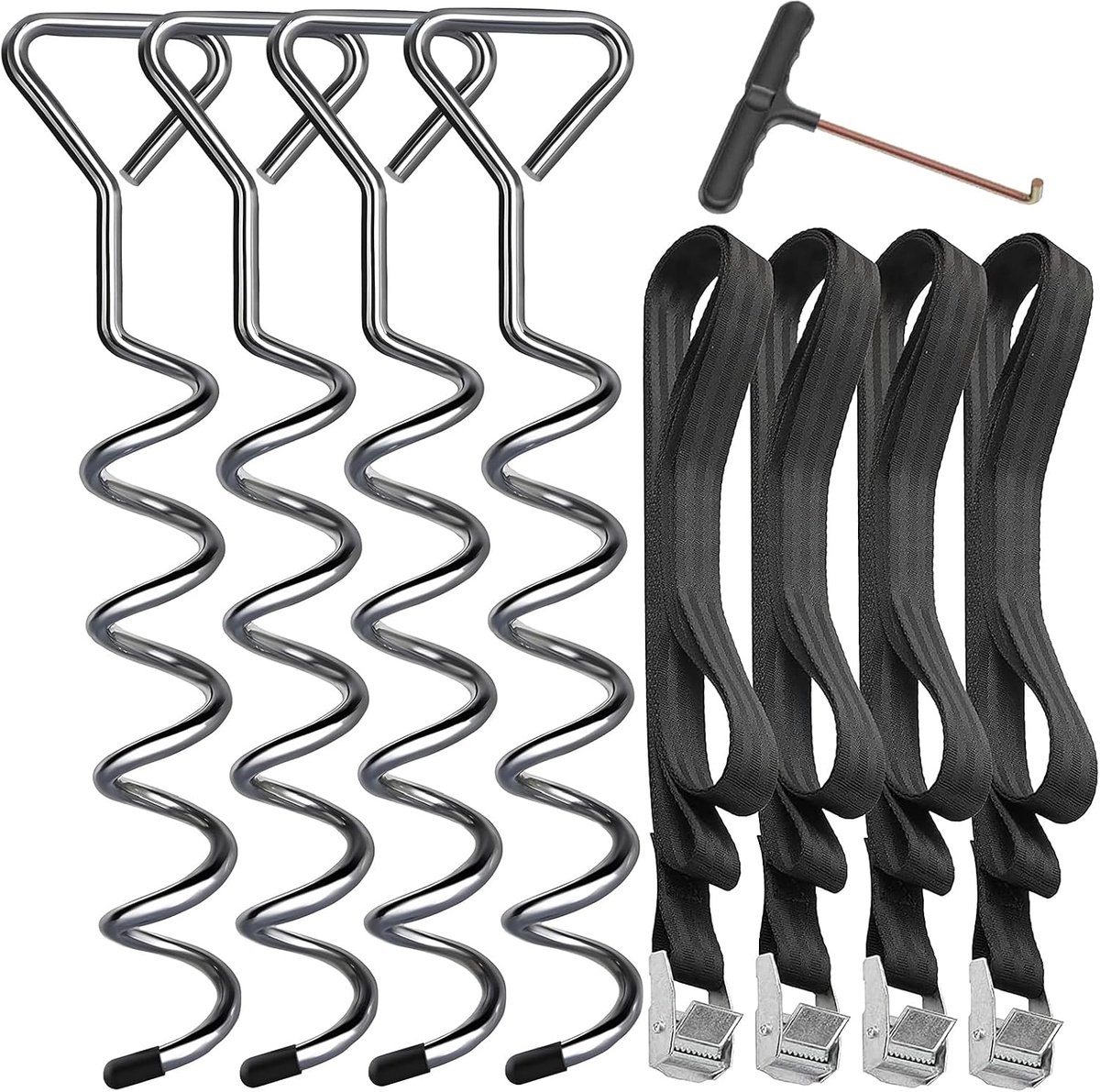 4 stuks, voor trampoline, bodemverankering, verzinkt en roestvrij grondankers voor trampoline, tuin, schommels, camping, 4 robuuste riemen