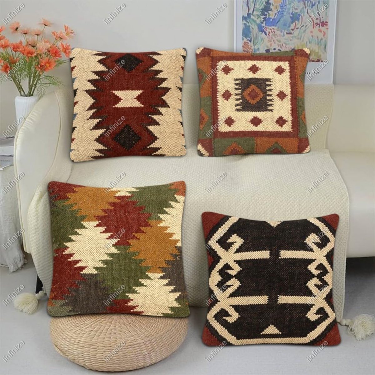 Kussenhoes 45x45 cm - Wol-Jute - Geometrisch boho design - Perfect voor binnen en buiten - SnelShoppen