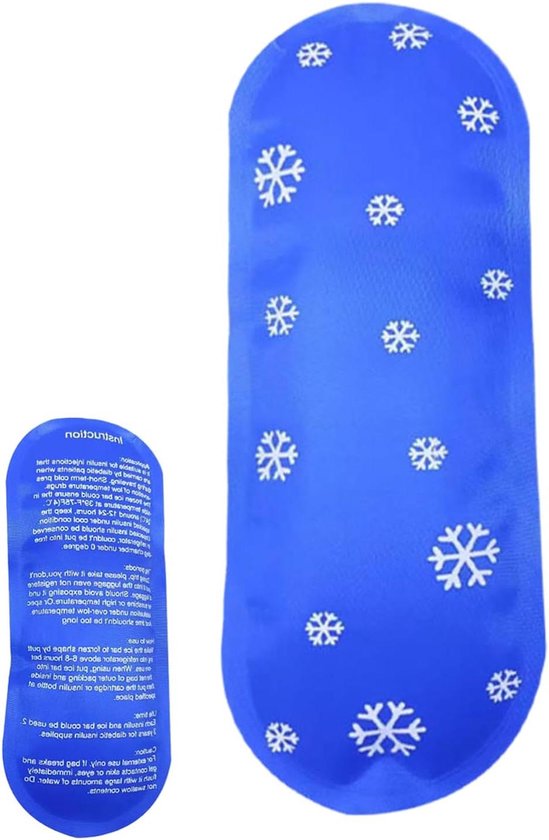Blauwe gel ice pack met witte sneeuwvlokjes en Chinese tekst. Klein formaat met tekst.