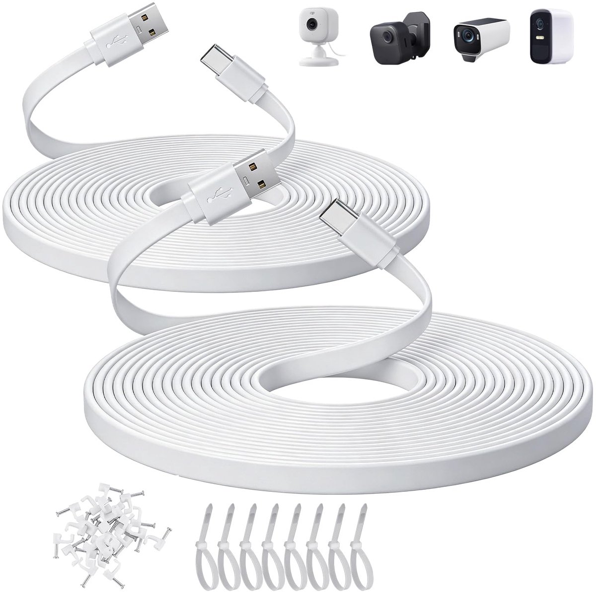 USB-C-verlengkabel, extra lange USB-A naar USB-C netsnoer voor Blink Mini 2, Outdoor 4, Ring Pan-Tilt Indoor Cam, Eufy Cam S3 Pro, SoloCam, wit, 2 stuks