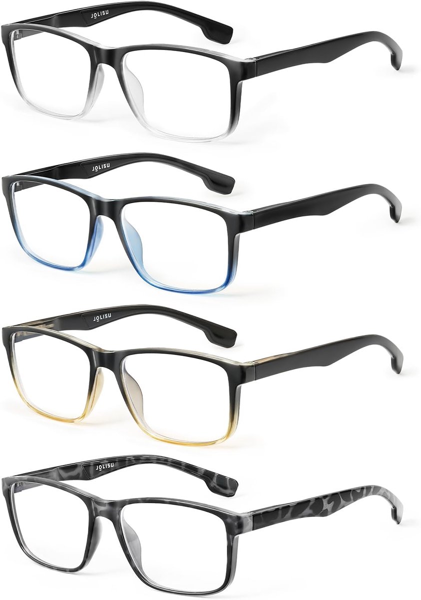 4 stuks leesbril voor mannen, blokkeert blauw licht met veerscharnier, tegen vermoeidheid/uv, grote vierkante computerlezer