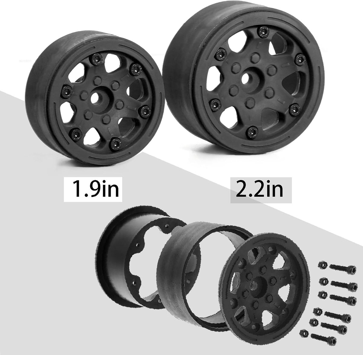 RC Car kunststof beadlock velgen 12 mm zeskant velgen onderdelen voor SCX10 TRX4 VS4-10 Gen8 Tamiya CC01 D90 1:10 RC Crawler auto (zwart, 1,9 inch)