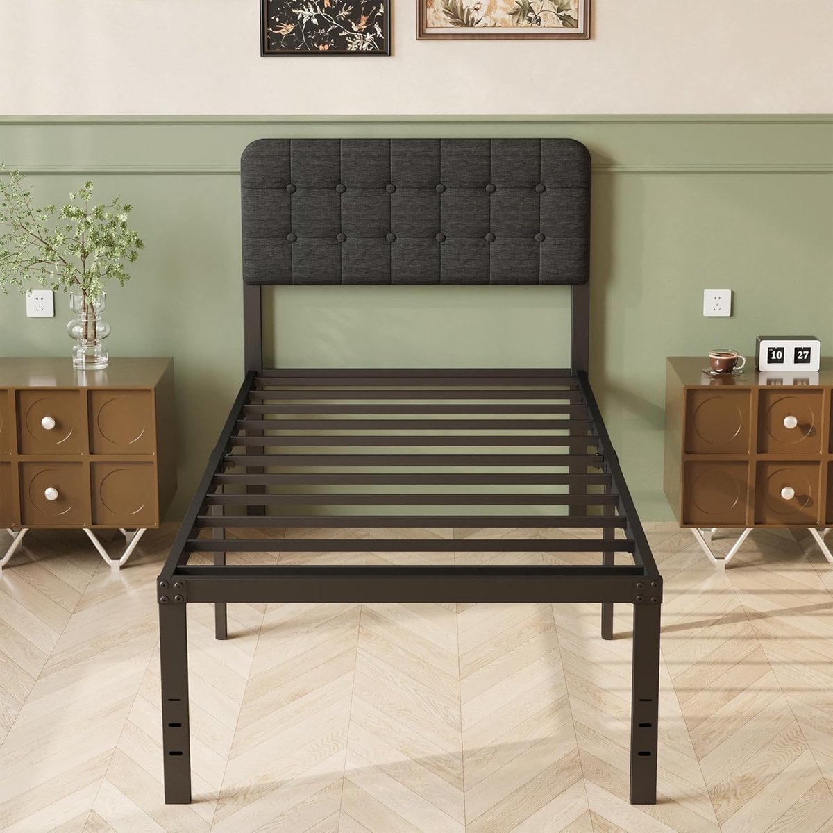 80 x 190 cm Bedframe met Zwart Gestoffeerd Hoofdeinde | Hoogte 46 cm, Zware Stalen Lattenbodem, Eenvoudige Montage, Ruime Opbergruimte onder het Bed, Geluidsvrij