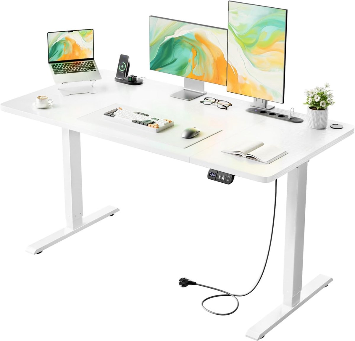 Elektrisch in Hoogte Verstelbaar Bureau 120 x 60 cm, Sta-bureau met Geïntegreerd Stopcontact en USB-poort, Gamingbureau met 2 Geheugenfunctie, Standing Desk Wit