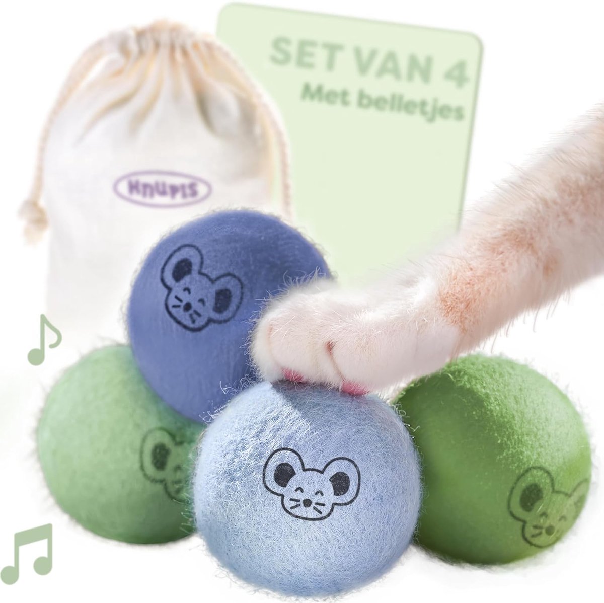 Thijox - Kattenballen Met Belletjes - 4 Zachte Wol Bolletjes - Duurzaam Kattenspeelgoed in Felle Kleuren - Inclusief Opbergtasje voor Speelplezier