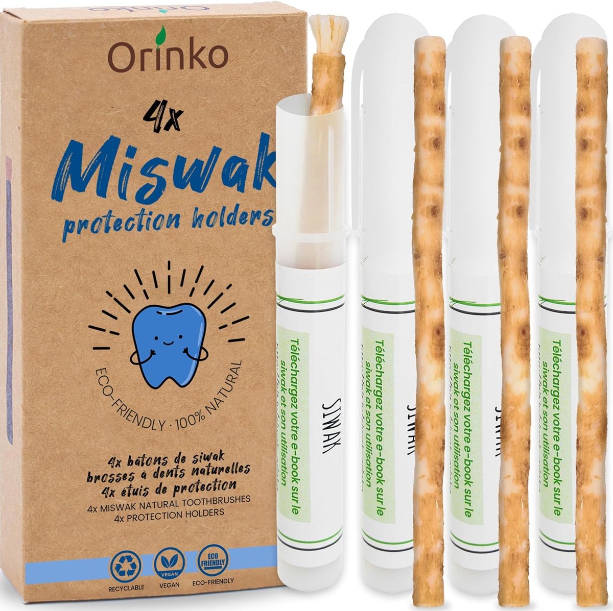 SnelShoppen - ORINKO® Miswak Sticks x4 met Etui - Natuurlijke Tandverzorging, Siwak Tandenstokers, Biologisch, Duurzaam, Frisse Adem, Traditionele Mon