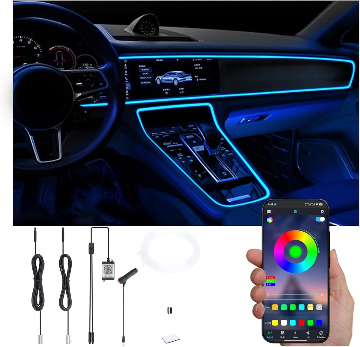 Auto Ambient Lighting Fiber Optic Kabel 3m - 64 Kleuren - Bluetooth APP Controle - Creëer Sfeervolle Atmosfeer - ShopVlot