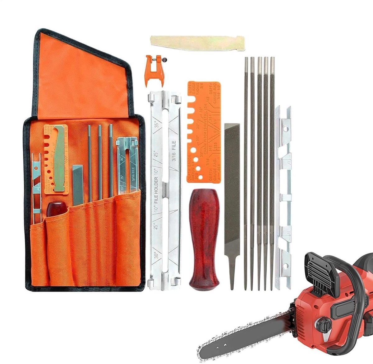 Kettingslijper Kettingzaag - Slijpset Houtbewerking - Onderhoud Gereedschap - 14 Delige Vijlenset - 28 x 15 x 6 cm - Geen