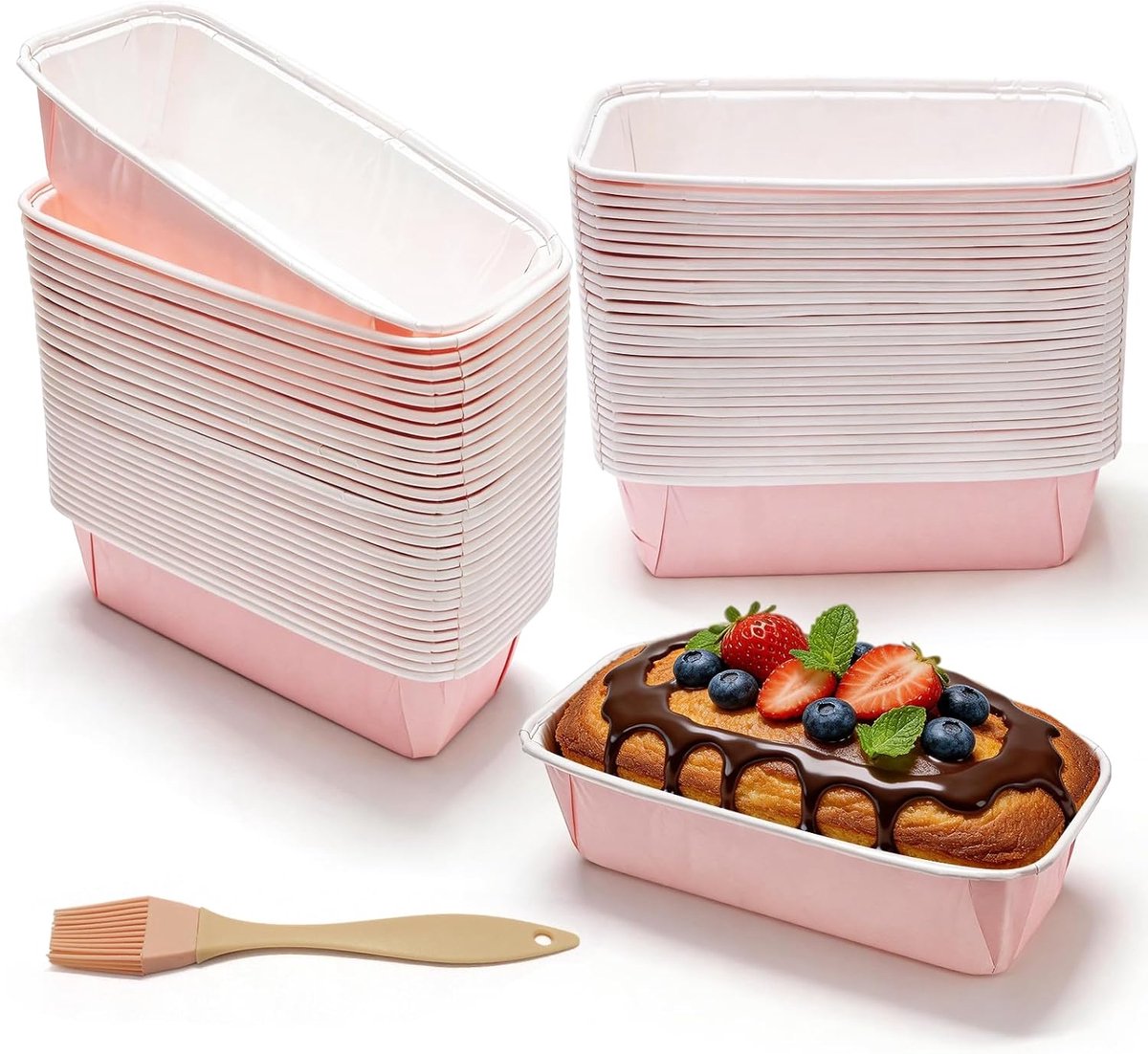 Papieren bakvormen 60 stuks - roze mini kastvorm - geschikt voor muffins en brood - inclusief siliconen kwast - SnelShoppen