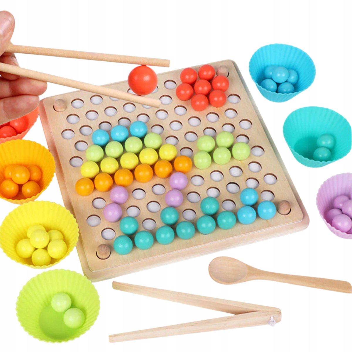 Houten Montessori Puzzel met Kleurrijke Kralen en Hulpmiddelen