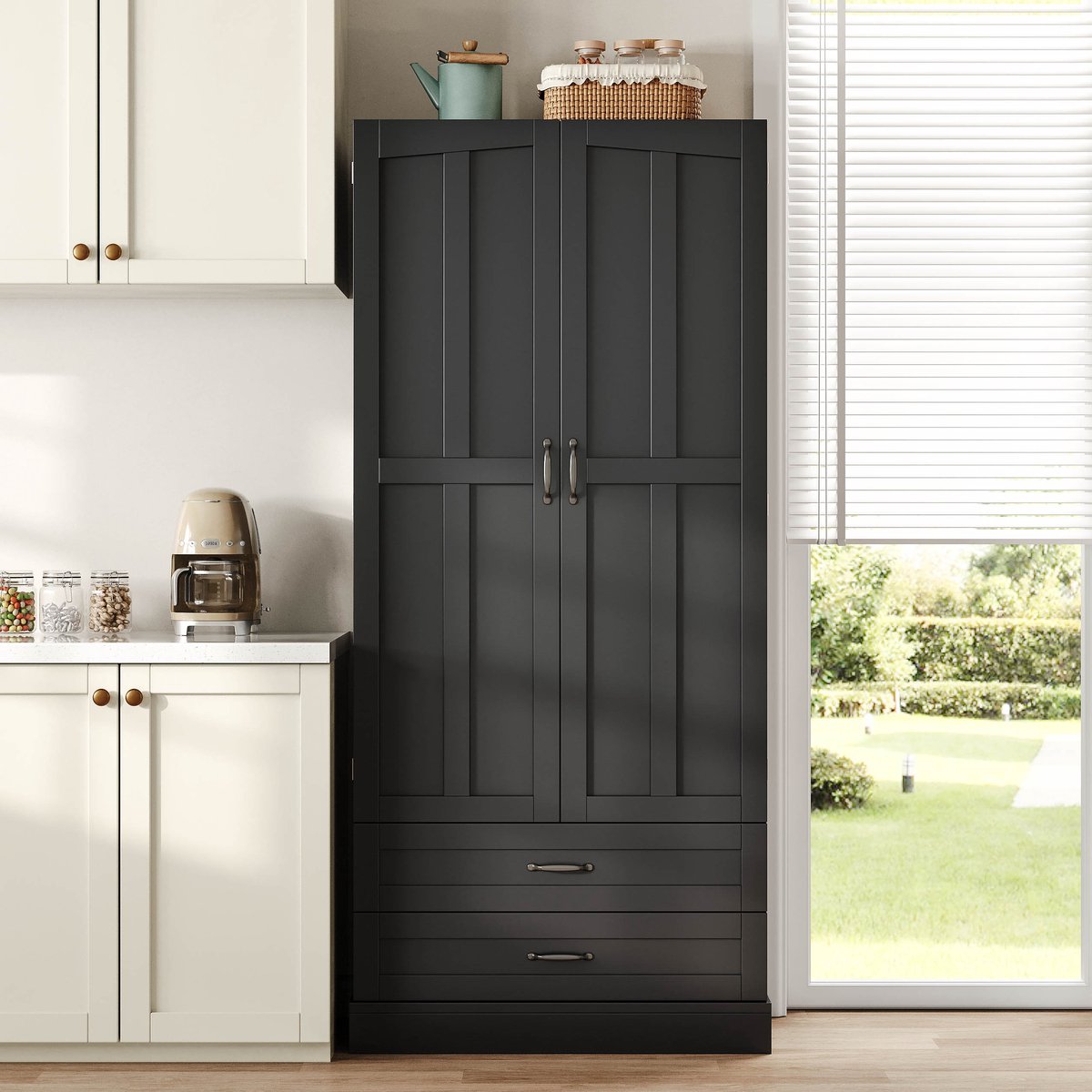 VVBV Buffetkast 80x37.5x180 cm - Opbergruimte, Glazen Deuren, 2 Lades, Met Planken - Zwart, MDF