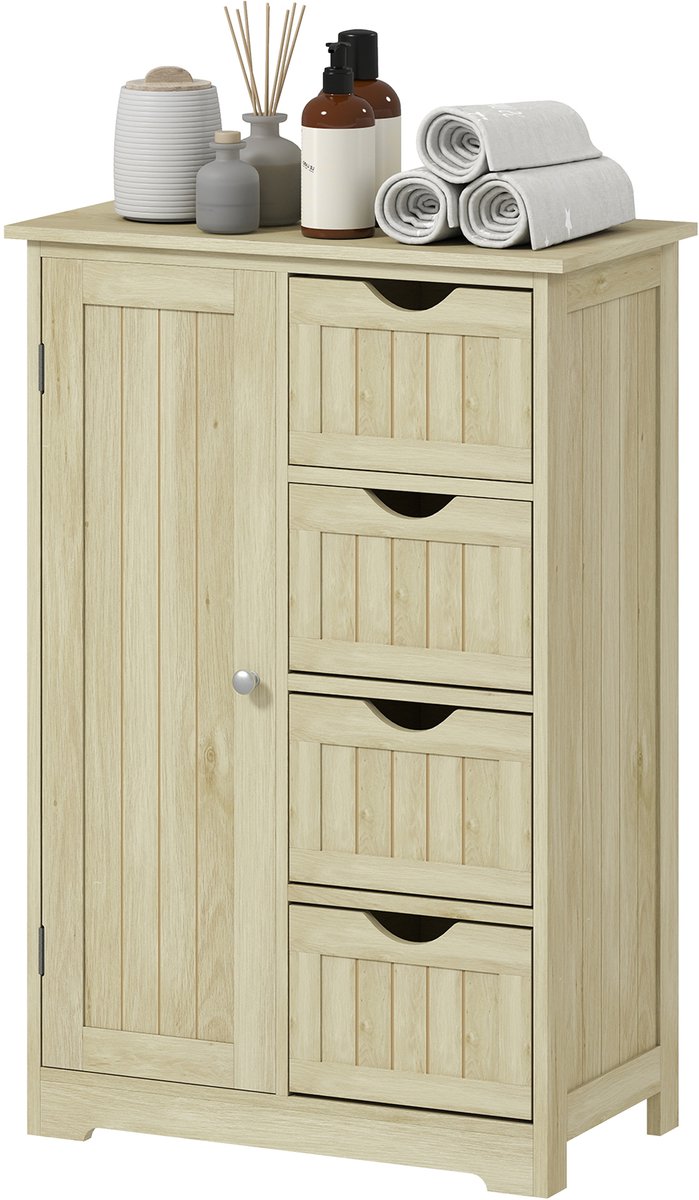 ECTEATOY® Badkamerkast - Smalle Kolomkast - Ladekast met 4 Laden en Verstelbare Plank - 56x30x83 cm - Natuurlijk