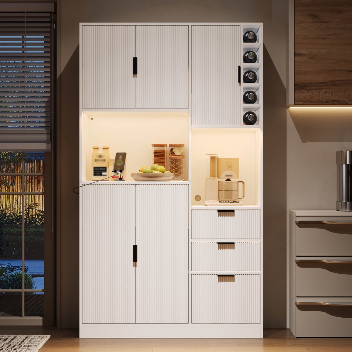 VVBV Buffetkast 105x40x180 cm - Wijnrek, USB & Type-C, Verstelbare Planken, Opbergruimte - Wit, MDF