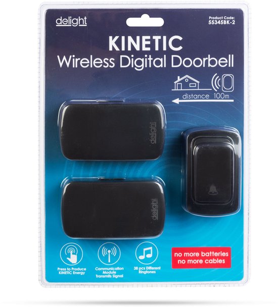 Draadloze deurbel - Kinetisch / batterijloos - zwart - 2 ontvangers - 38 melodieën - IP54 waterbestendig drukknop - 433MHz - eenvoudig te installeren [55345BK-2] — afbeelding 2