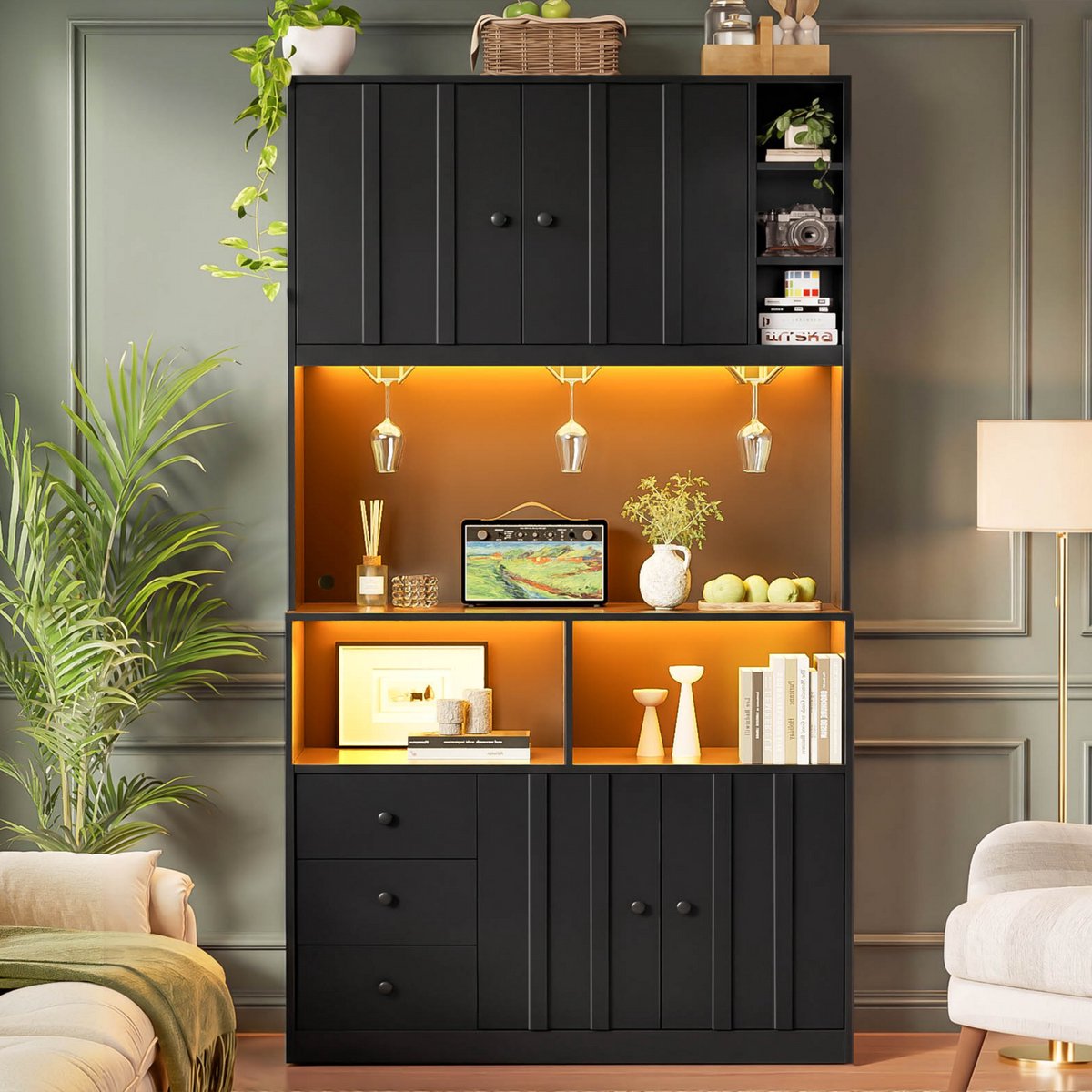 VVBV Buffetkast 100x40x180 cm - Wijnrek, Opbergruimte, USB-Aansluiting, Glazen Deuren - Zwart, MDF