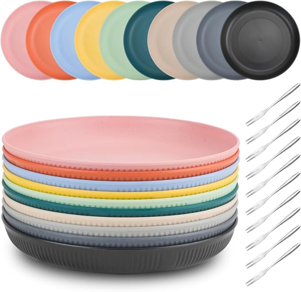 Set van 10 kunststof borden met 10 fruitvorken - Herbruikbare eetborden voor picknick, camping, pasta en salade - Vaatwasser- en magnetronbestendig - PromoHome