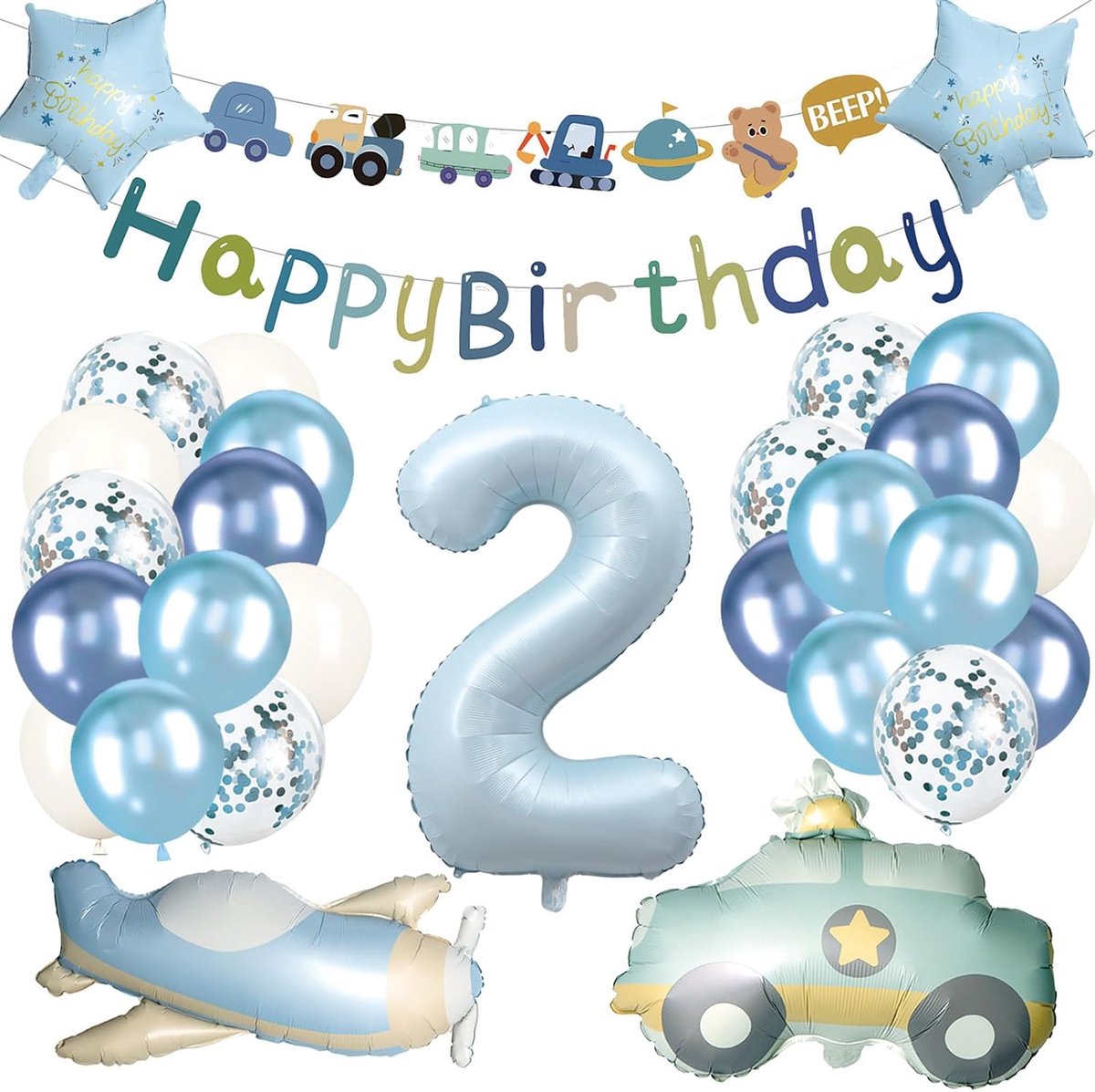 Verjaardag versiering 2 jaar jongens - 31 delen - luchtvaart, auto, pastelblauw - feestelijk decor voor verjaardag - SnelShoppen