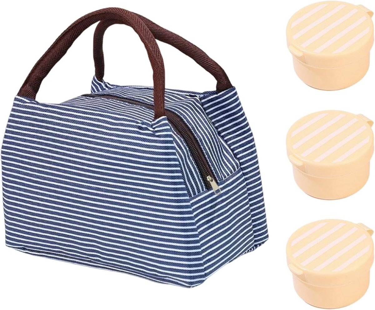 Koeltas met strepen 14x23x19 cm - navy blauw - inclusief 3 sauscontainers - ideaal voor lunch en drankjes. - SnelShoppen