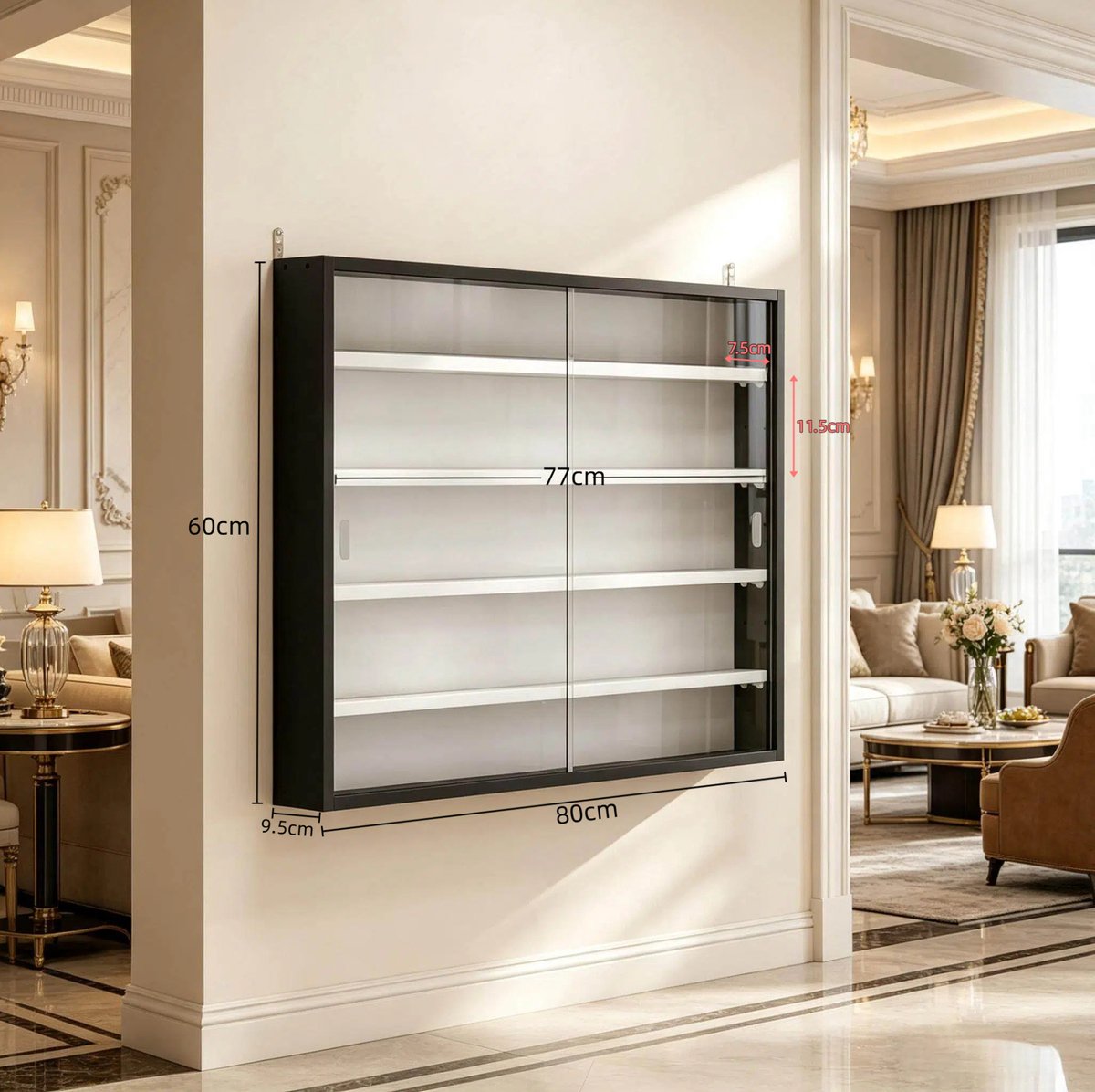 Stilvora Displaykast Wandmontage 80 X 9,5 X 60 Cm Glas En Spaanplaat Zwart Wit 4 Verstelbare Planken Voor Collecties