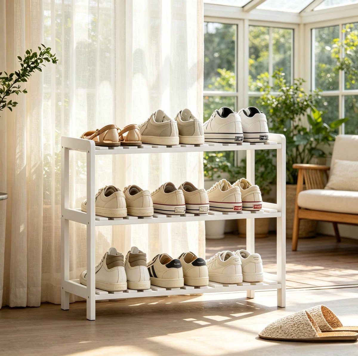 FloraGrace Schoenenrek – 3-Laags En Ruimtebesparend – 70 X 26 X 57,5 Cm – Grenenhout En MDF – Wit – Hal En Entree