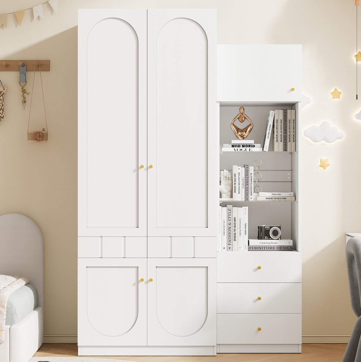 MODENUIT Kledingkast Set - 2-Deurs Kast Met Vitrinekast En Laden - Slaapkamer - MDF - Wit - 130,8 Cm