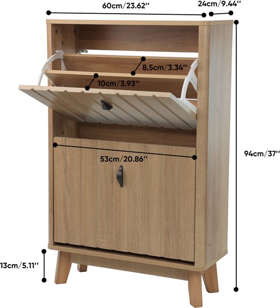STILVORA Schoenenkast - Smal Vrijstaand Klapmodel Met Verstelbare Planken En Anti Kantel - Voor Hal En Entree - Eikenhoutkleur - 60x24x94 Cm — afbeelding 3