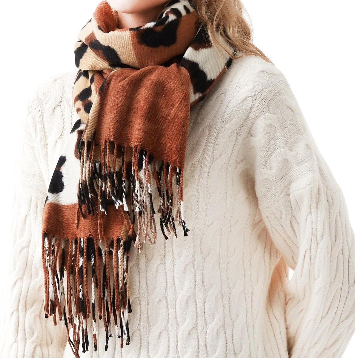 Dames winter sjaal - groot - dierenprint - cashmere pashmina met franjes - ShopVlot