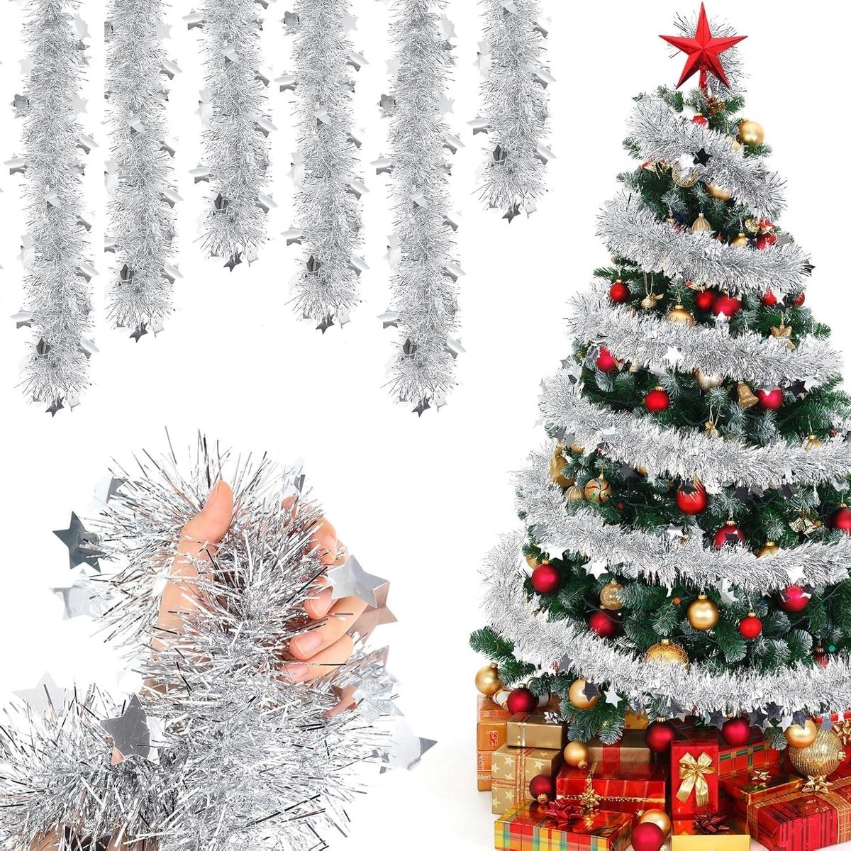 Kerstboom Lametta Garland 6 Stuks - 2 m Lang - Zilver - Voeg Glans Toe Aan Feesten - ShopVlot