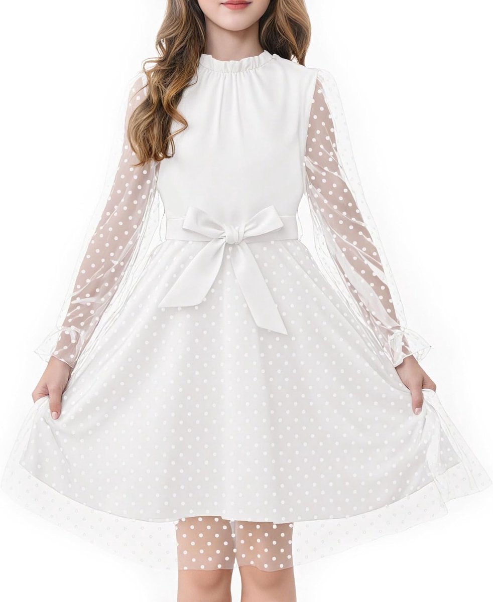 Jurk met lange mouwen voor meisjes, hoge taille met riem, A-lijn, volant-hals, contrasterende mesh, prinsessenjurk voor feestjes van tule