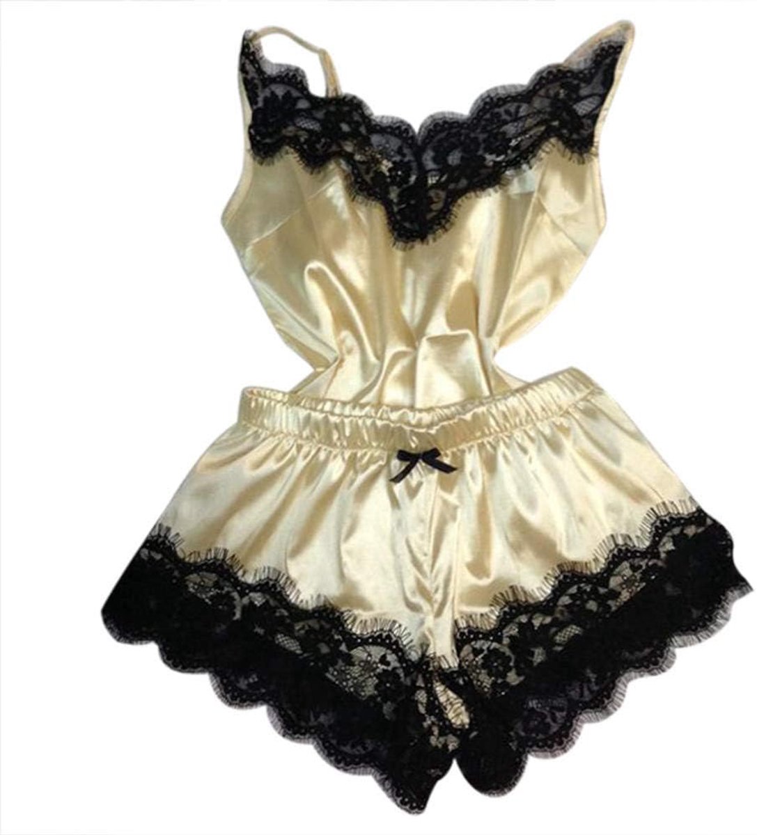 Babydolls, nachtjaponnen & negligés Dames kanten pyjama set sexy lingerie top en korte broek-geel_XL