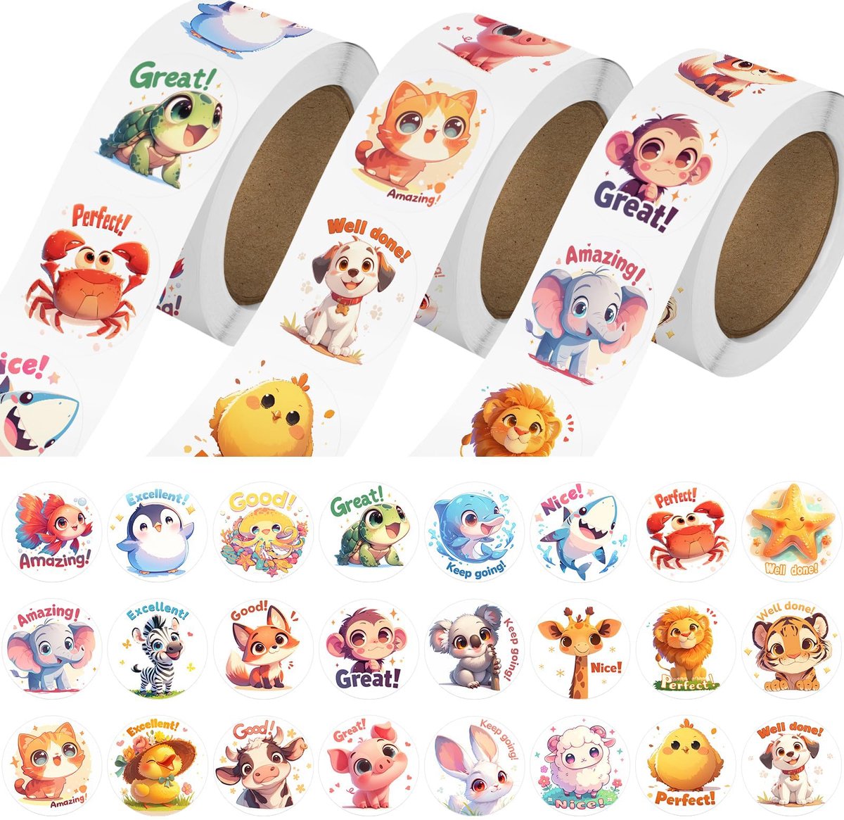 Dierenstickers voor kinderen - 3 rollen met 1500 stuks - 24 ontwerpen boerderij/oceaan/wildernis - SnelShoppen