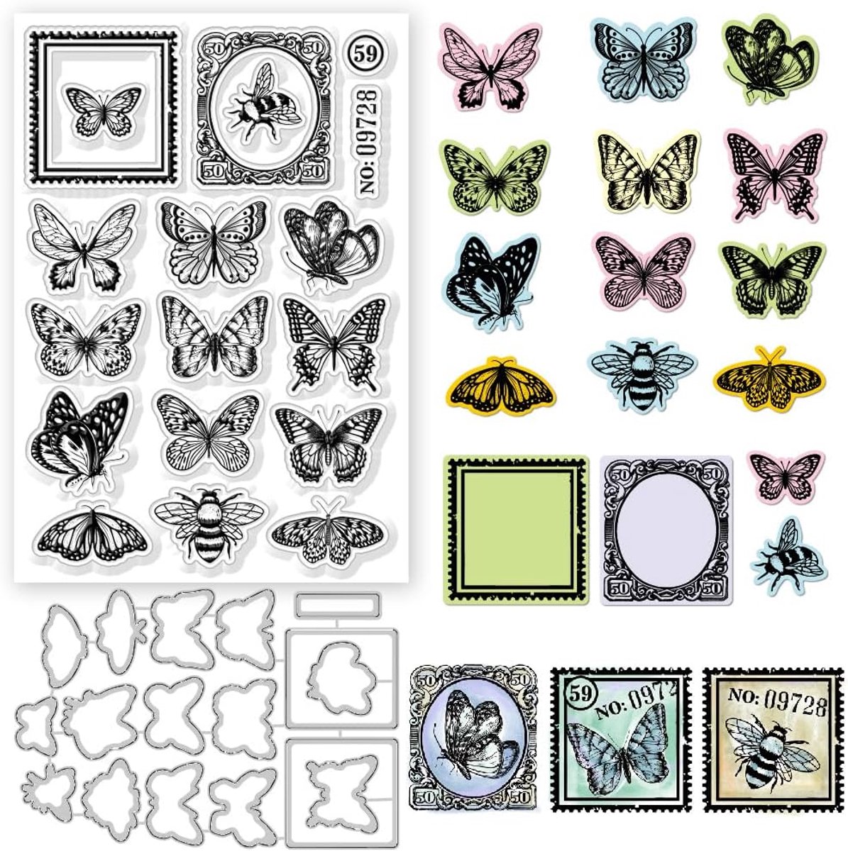 2 Stks Vintage Vlinder Bijen en Kant Frame Clear Stempels en Snijmallen Retro Siliconen Clear Stempels Kaarten en Metalen Die Cuts Voor Kaarten Maken En Diy Embossing Scrapbooking