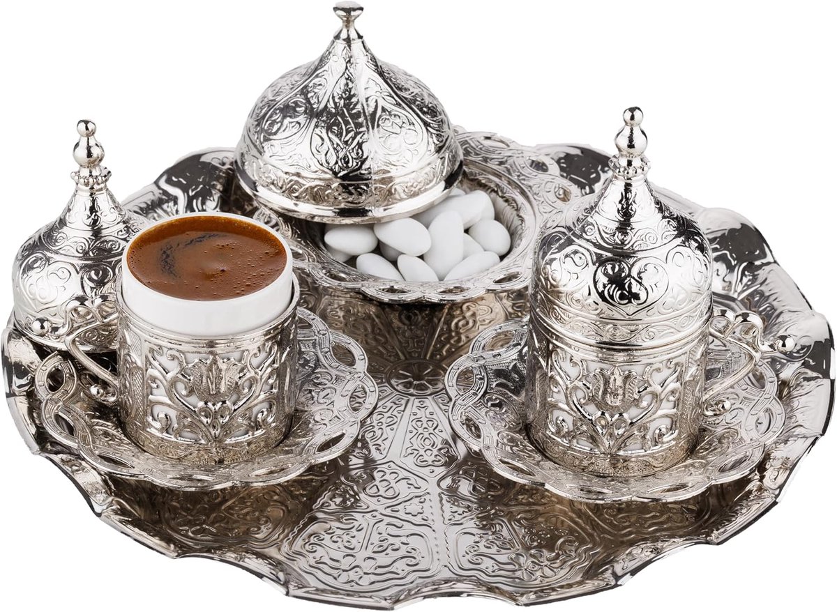 Turkse Griekse Arabische koffieserveerset - 11-delige handgemaakte koffieset met kopjes, schoteltjes, deksels, suikerpot en decoratief dienblad (zilver)