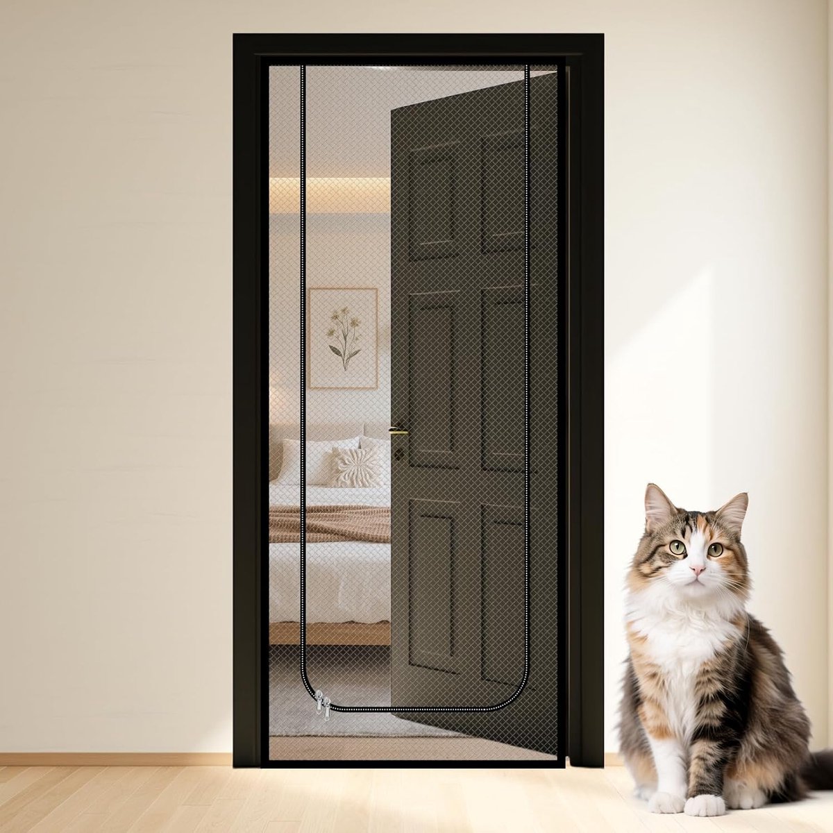 90 x 210 cm, kattengaas, vliegengaas, zonder boren, te voorkomen, kattennet voor balkon, met ritssluiting, voor woonkamer, slaapkamer, keuken (zwart)
