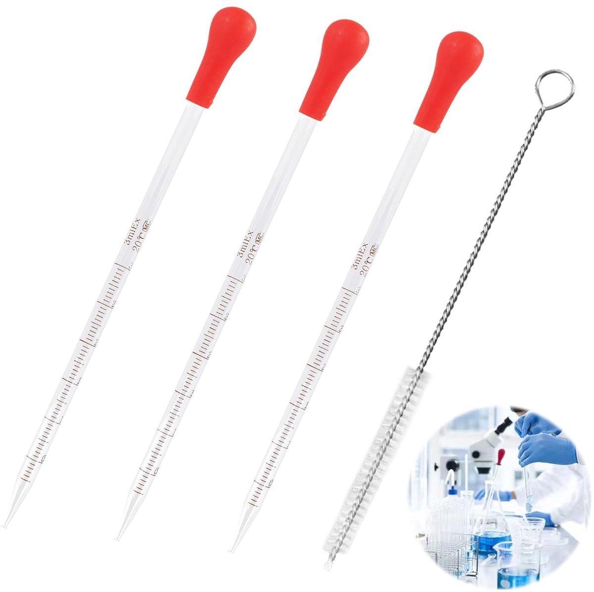 3 stuks glazen pipetten van 3ml met siliconen doppen en reinigingsborstel, hoogwaardige druppelpipetten voor laboratorium, pipettes en verre voor medicijnen, lange pipetten voor voedselonderzoek en