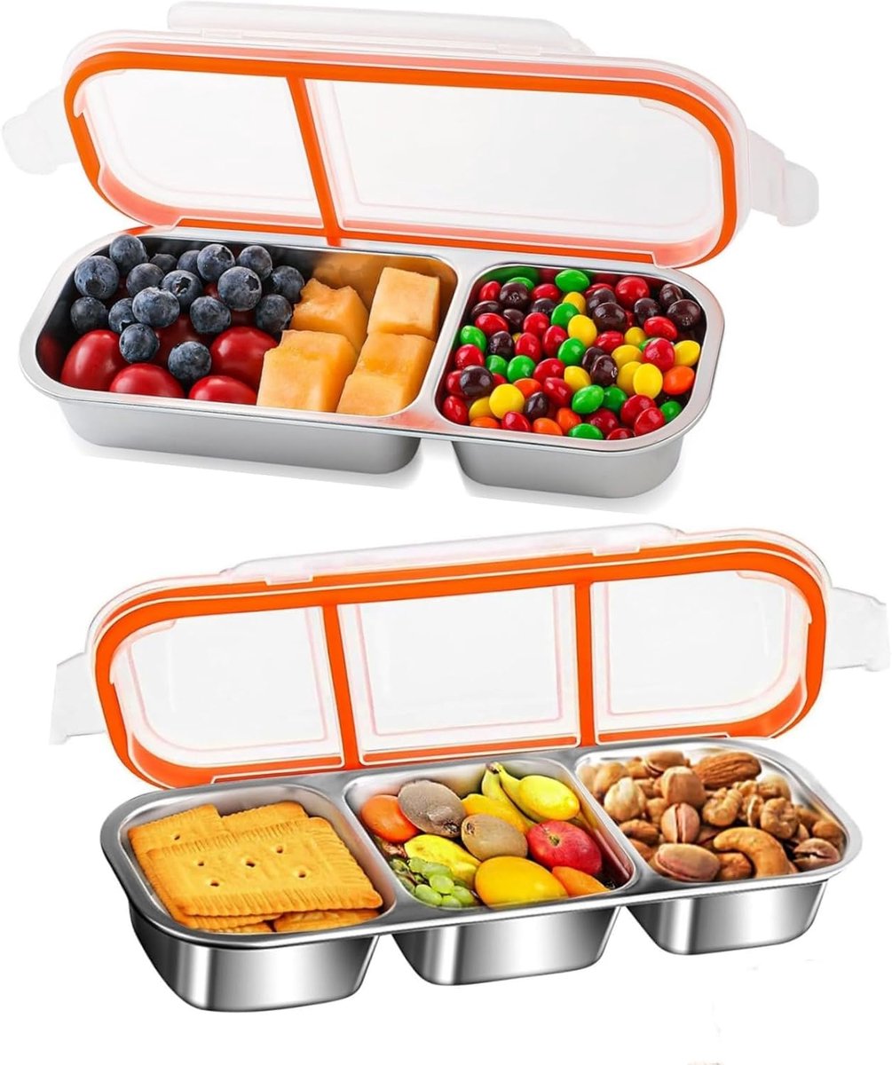 Snackbox met 2 en 3 vakken, roestvrijstalen snackbox met deksel, broodtrommel voor kinderen en volwassenen, bento-box voor snacks, noten, groenten en rijst, vaatwasmachinebestendig en geschikt voor