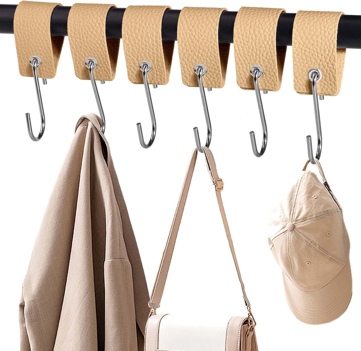 S-haken met leren lus, haken voor kledingstang, haken, garderobe, kledinghaken, metalen haken voor garderobe, keuken, badkamer, camping (abrikoos)