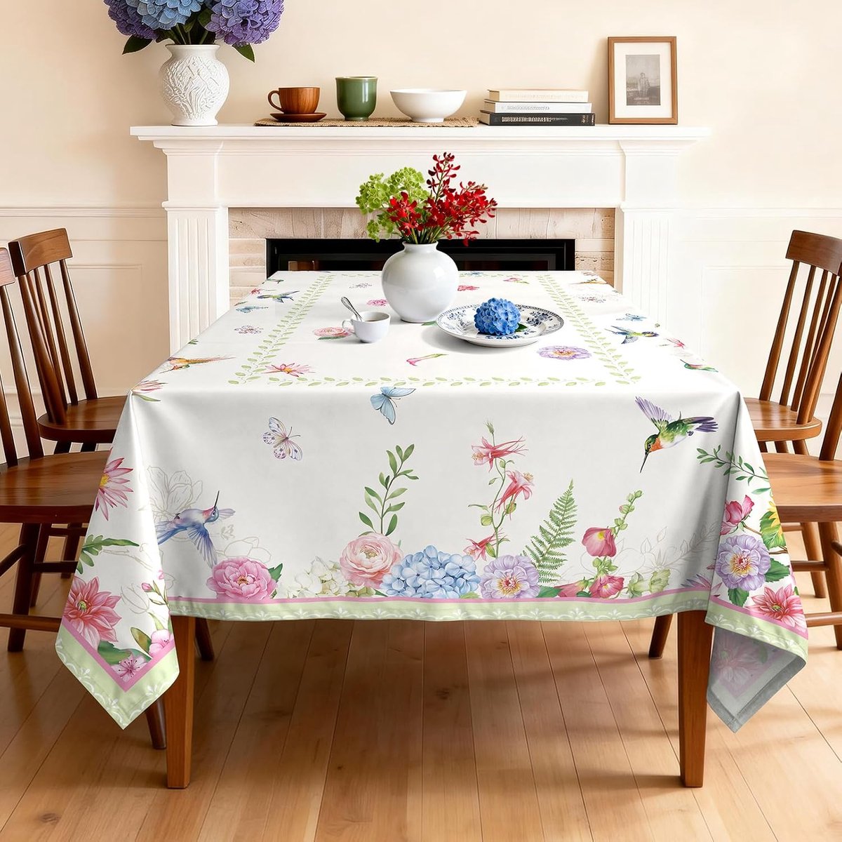 Tafelkleed met vogelbloemen, afwasbaar, rechthoekig, bladeren, duurzaam, afwasbaar, tafelkleed voor tuin, keuken, eten, feesten, lente/zomer (152 x 213 cm)