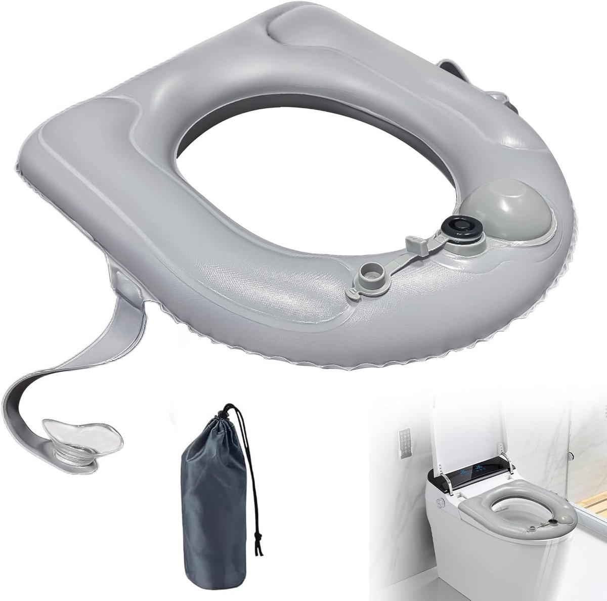 Toiletzitkussen met zuignap, grijs, opblaasbaar zitkussen, pvc-pad, toiletsteunkussen, in hoogte verstelbare toiletbrilverhoging, zitring voor volwassenen, senioren, gehandicapten