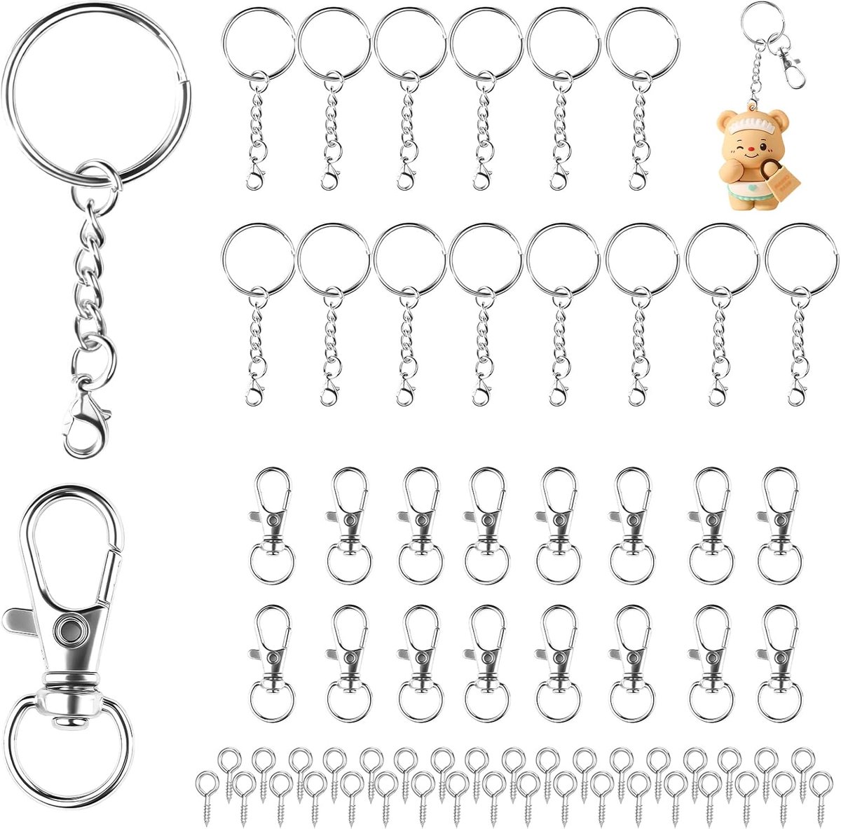 Sleutelringen met ketting, sleutelhanger, knutselen, zelf maken, ringenset, sleutelhangers, accessoires voor sleutels, doe-het-zelf sieraden, zilverkleurig, 105 stuks