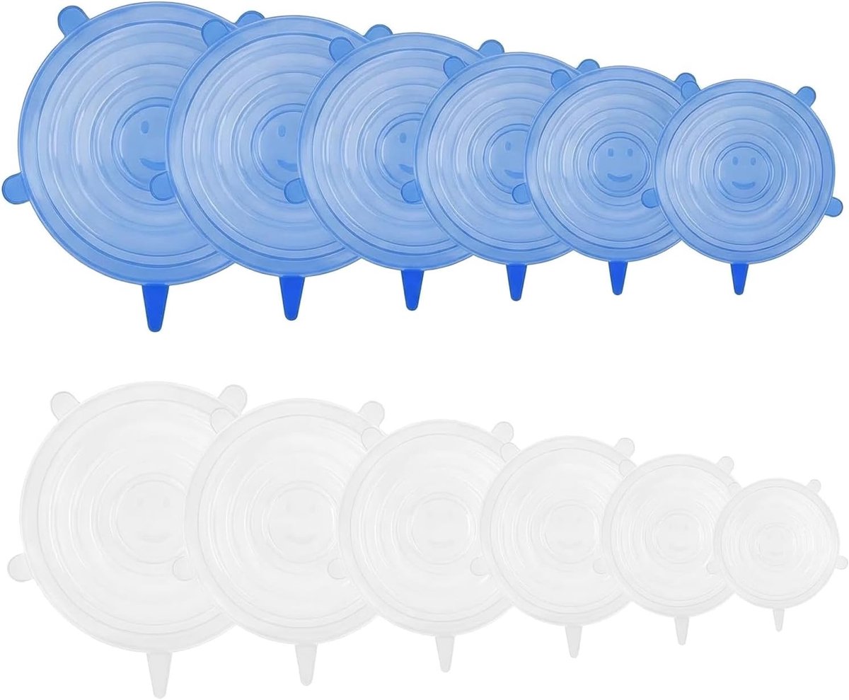 Deksels van voedselsiliconen, elastische deksels in 6 maten (6,5 - 20,5 cm), BPA-vrij, voor magnetron, oven en koelkast, universeel deksel voor yoghurtkommen, potten en potten