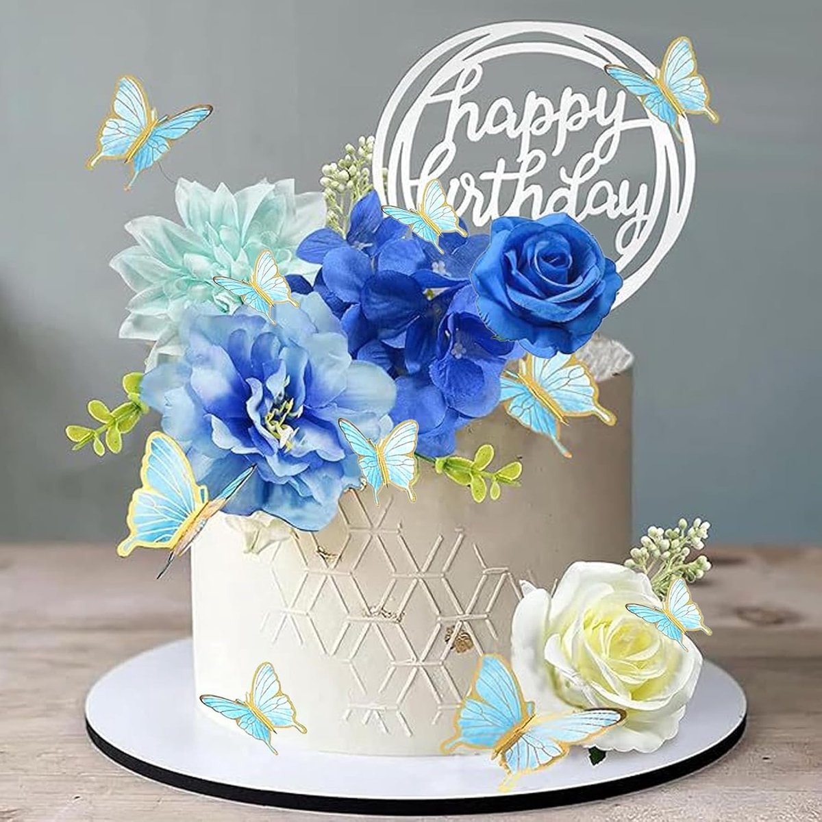 14 stuks kunstbloemen, taartdecoratie, meisjes, taarttopper, decoratie, herbruikbaar, blauw, wit, taarttopper voor verjaardag, bruiloft, babyshower
