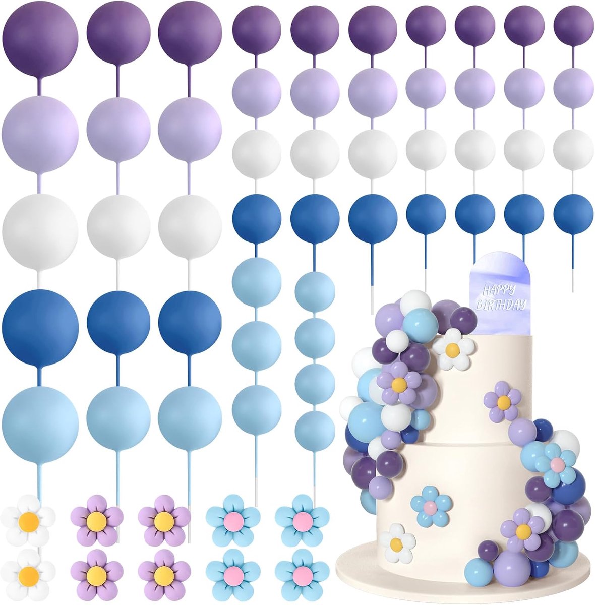 61 stuks Boho taarttopper ballen decoraties mini ballon retro hippie madeliefje bloem acryl taarttoppers voor verjaardagsfeestje bruiloft regenboog babyshower (blauw paars)