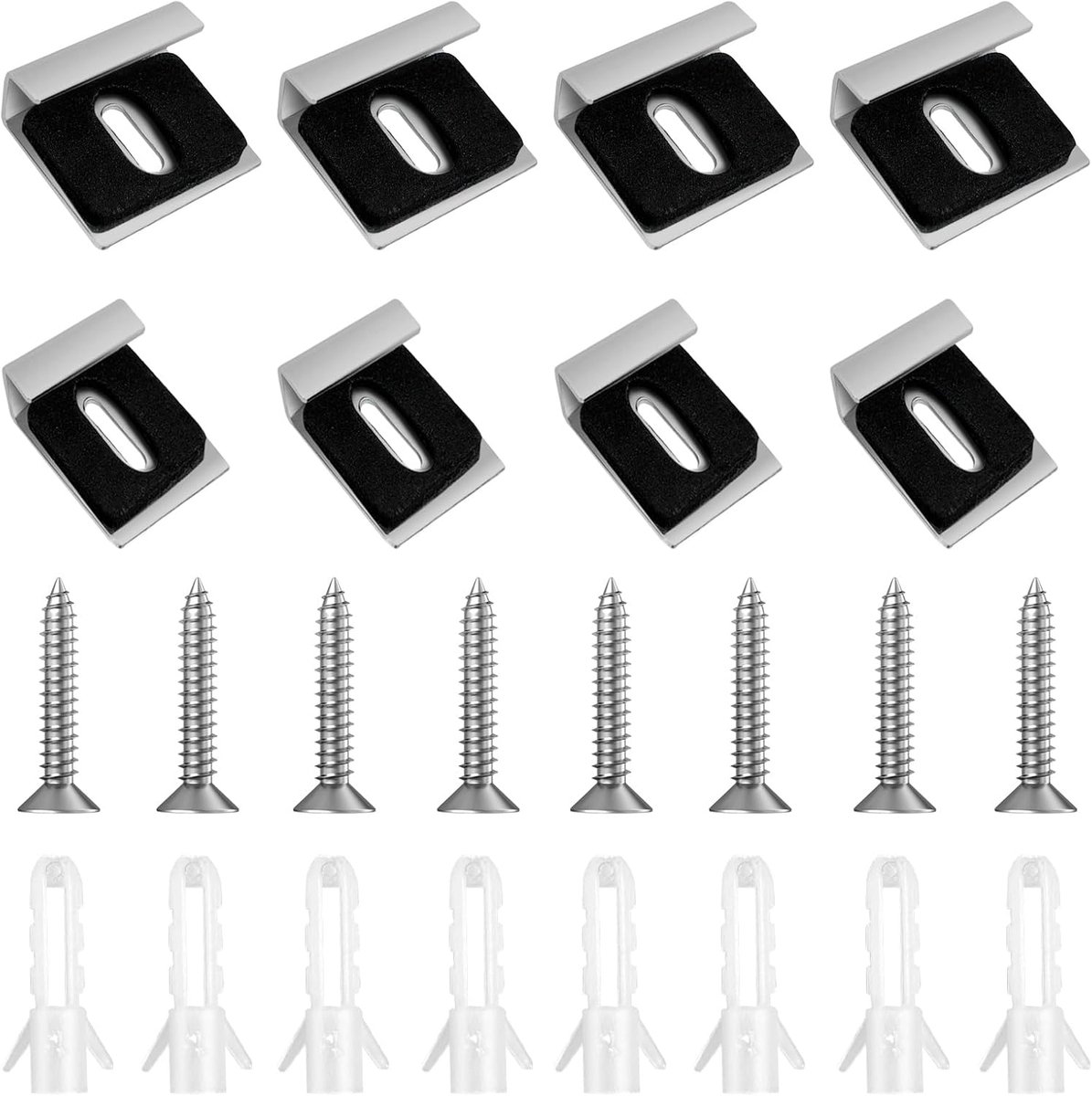 8 stuks niet-ingelijste spiegelhouders, 304 roestvrij staal, veerbelaste spiegelophangingen, clipset met pluggen en schroeven, spiegelhouder, wandspiegelophangingen voor glas, zware spiegels