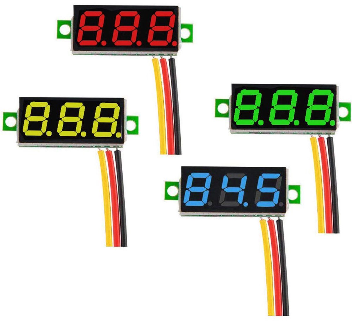 4 stuks mini digitale voltmeter, DC 0,28 inch driedraads spanningszoeker, DC 0-100 V mini digitale voltmeter meetinstrument tester led-display ompolingsbeveiliging en nauwkeurige drukmeting, 4