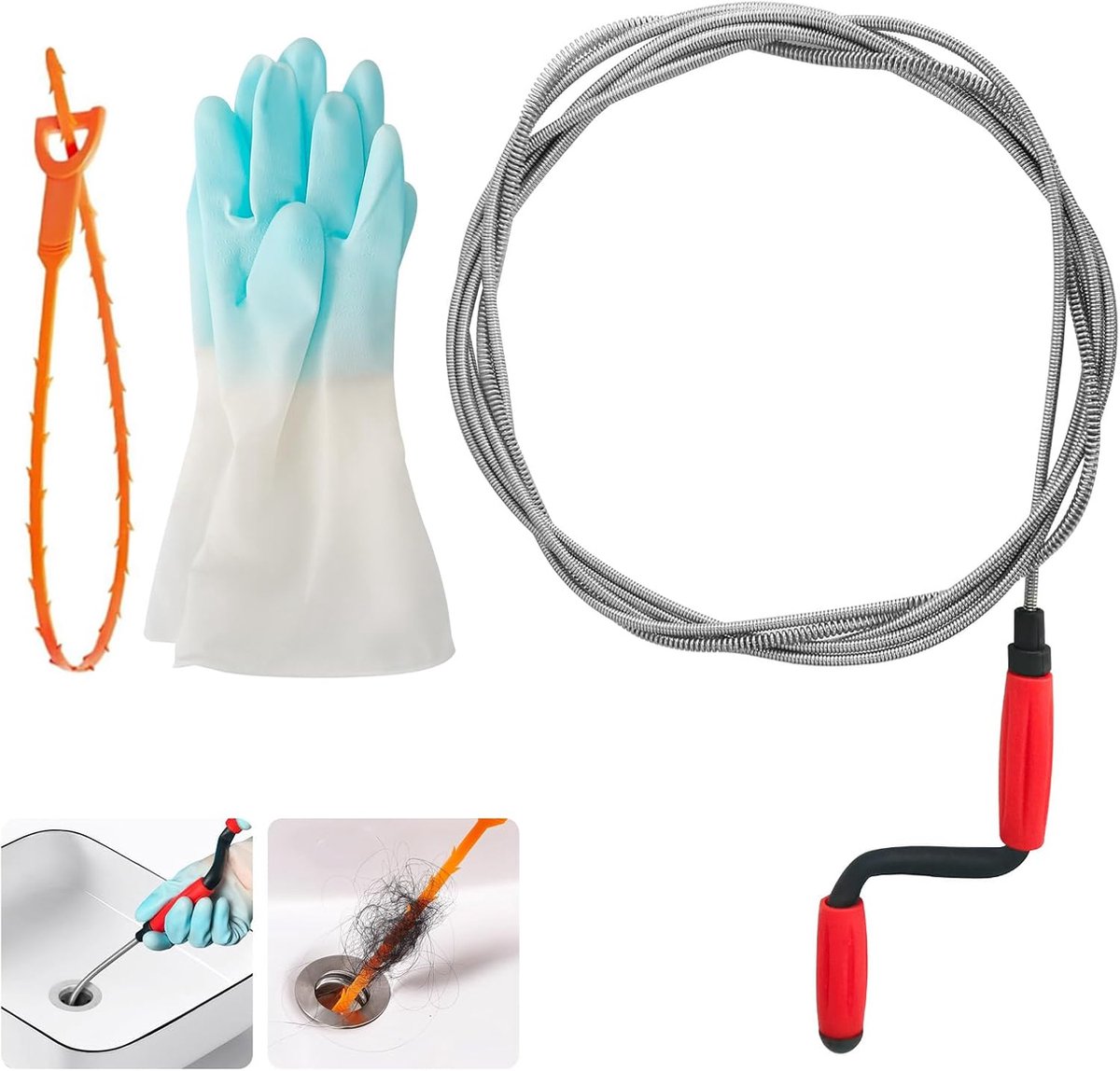 5 m x 6 mm, afvoerreiniger, spiraal, afvoerspiraal, afvoerspiraal, afvoerspiraal, afvoerspiraal, met blauwe handschoenen, toiletreiniger