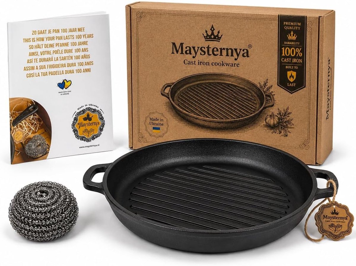 Grillpan rond 34 cm - gietijzer - ribbelstructuur - perfecte grillstrepen - SnelShoppen